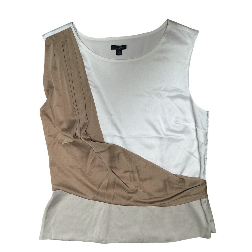 Ann Taylor Size 8 White Beige Draped Asymmetric Blouse Side Zip Chic Modern Fit - Picture 8 of 12